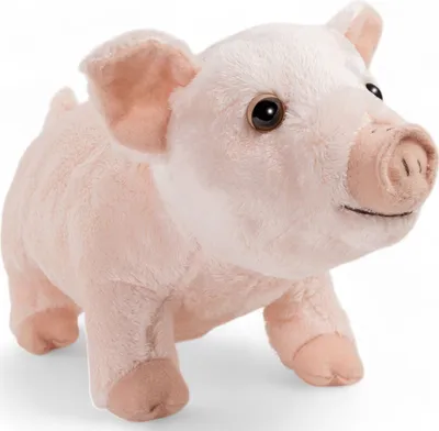 A plush toy pig standing on a white background.