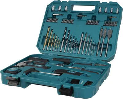 A teal toolbox filled with various tools, including drill bits, screwdrivers, and pliers.