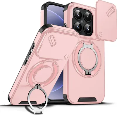 Immagine prodotto di Custodia a doppio strato per Xiaomi 17, con copertura scorrevole per fotocamera e supporto magnetico ad anello Rosa