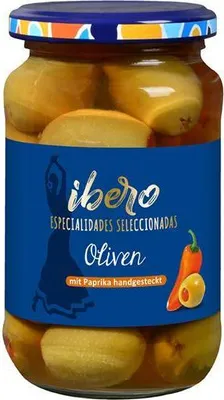 Produktbild von Ibero Grüne Oliven mit Paprika handgesteckt 200 G Glas Vegan Glutenfrei Salzig-säuerlich
