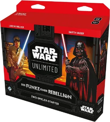 A product box for a Star Wars: Unlimited card game starter set, featuring Luke Skywalker and Darth Vader.