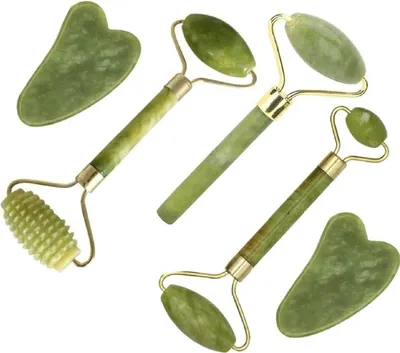 Produktbild von Jade Gua Sha Gesichtsmassagegerät-Set – 5-in-1-Hautpflege-Tools mit Rolle und Massagegerät