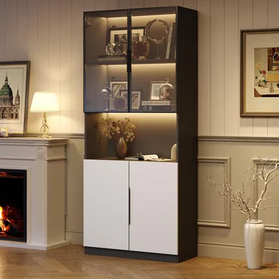 Produktbild von Moderne minimalistische Vitrine mit Glastüren, Hochschrank mit LED-Beleuchtung und verstellbaren Regalen,Weiß Schrank mit schwarzer Dekoration