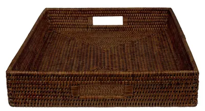 Immagine prodotto di Fiolini vassoio rettangolare in rattan - Grande vassoio da portata con manici e bordo alto - Vassoio in vimini / vassoio decorativo in moka scuro (50x40x8cm)