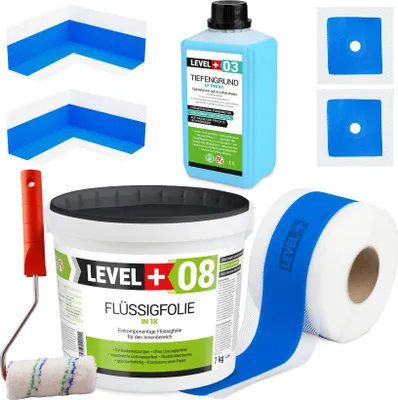 Zdjęcie produktu dla Zestaw do Hydroizolacji Folia w Płynie 7kg Taśma uszczelniająca 5mb Środek Gruntujący + Wałek malarski LEVEL+ SET292