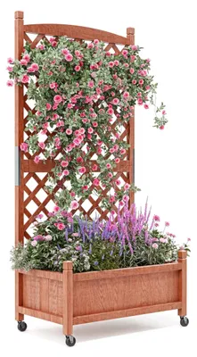 Immagine prodotto di Fioriera in legno - Aiuola rialzata con graticcio - Su rotelle - Con fori di drenaggio - Per terrazze e balconi - Marrone 75x66x156 cm