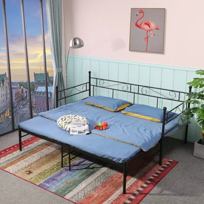 Produktbild von H.J WeDoo Tagesbett 90-180x190cm Schwarz Metallbett Bett Daybed Bettsofa Kojenbett Jugendbett Gästebett