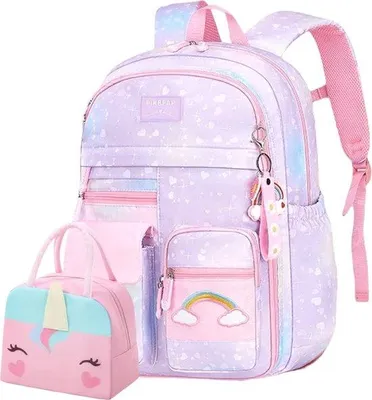 Produktbild von Ultiluxe Schulrucksack und Lunchbag Set für Kinder - Lila/Blau/Rosa - 2-tlg. Einhorn-Rucksack mit Schlüsselanhänger