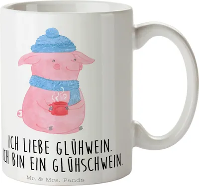Produktbild von Mr. & Mrs. Panda Teetasse Schwein Glühwein - Weiß - Geschenk, Kaffeebecher, Glühschwein, schöne tasse, Wintermotiv, Punsch, Weihnachtsmarkt, Pott, Kaffeetasse