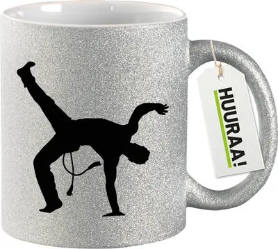Produktbild von Huuraa Glitzertasse Capoeira Silhouette 330ml Silber Keramik Kaffeebecher Geschenkidee