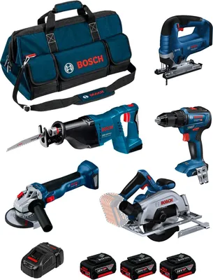 Produktbild von BOSCH Kit 0615990N39 (GSR 18V-55 + GWS 18V-10 + GKS 18V-57-2 + GSA 18V-LI + GST 18V-125 B + 3 x 4,0 Ah + GAL1880CV + Tasche)