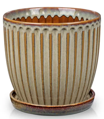 Produktbild von Gerippter Keramik Übertopf mit Untersetzer 20cm Vintage Braun 1 Stück