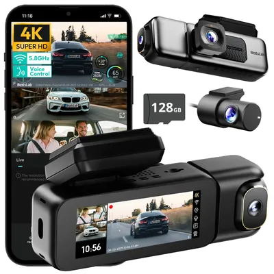 Immagine prodotto di Dashcam 4K con 3 canali, GPS, visione notturna, controllo vocale e scheda SD da 128 GB