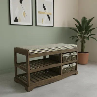 A shoe bench with storage baskets in a room setting with artwork and a plant.
