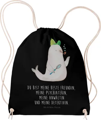 Produktbild von Mr. & Mrs. Panda Jutebeutel Robbe Sherlock - Schwarz - Geschenk, turnbeutel baumwolle, Lustige Sprüche, sporttasche klein, Beutel Rucksack, Stoffrucksack