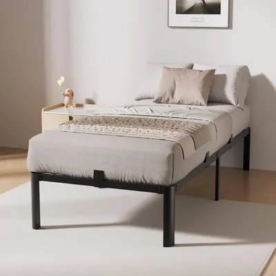 Produktbild von Bett 90 x 200 cm, Bettgestell mit Stauraum, Einzelbettgestell mit 14 Reihen Metalllamellen & fächerförmigen Füßen, Industriestil, bis 260 kg, Schwarz