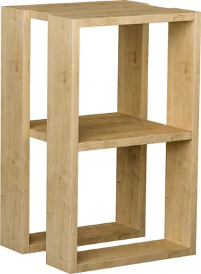 A wooden shelf unit against a white background.