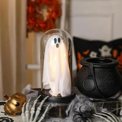 Produktbild von LED Nachtlicht Halloween-Dekoration Leuchtender Geister-Glasglockenglas-Niedlicher Geister mit Licht für Küche Kaminsims Party- und Festtagsdekoration
