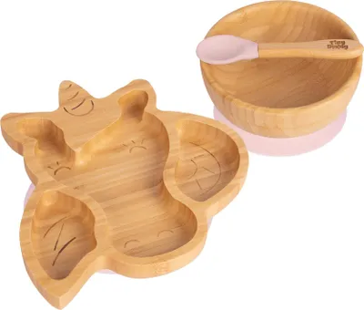 Produktbild von 3pc Pastellrosa Kinder Bambus Einhorn Teller, Schüssel & Löffel-Set mit Silikon-Saugnapf - Segmentiertes Design Baby & Kleinkind Entwöhnung Geschirr - Umweltfreundlich & Biologisch Abbaubar - Von Tiny Dining