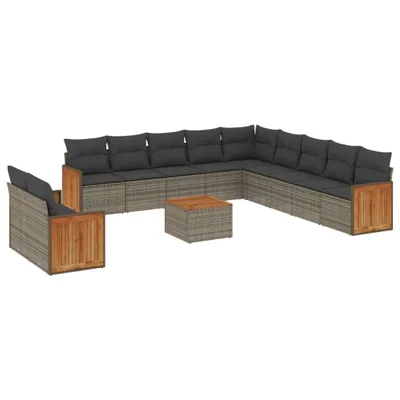 Produktbild von Modulares Garten-Sofaset 12-teilig, für Terrasse & Balkon, aus Poly Rattan & Akazienholz, mit Stauraum, Kissen & abnehmbaren Bezügen, Grau