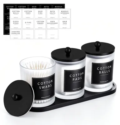 Immagine prodotto di Set di 3 contenitori in vetro per batuffoli di cotone, con coperchi ed etichette