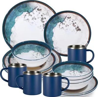 Imagen del producto de Juego de vajilla de melamina Lagune con tazas térmicas de acero inoxidable, ideal para camping y jardín