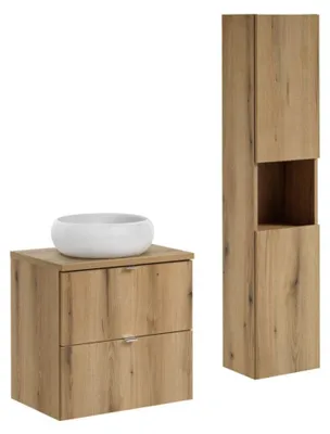Productafbeelding van VANO set in eikenlook, 90 cm: Onderkast met lades + wastafelblad + rond wit wastafelbakje + hoge kast