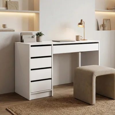 Produktbild von Beautysofa - Schreibtisch 120 cm, Moderner Computertisch ohne Griffe mit 5 Schubladen und Stauraum, Bürotisch in Weiß, Homeoffice Arbeitstisch Malta