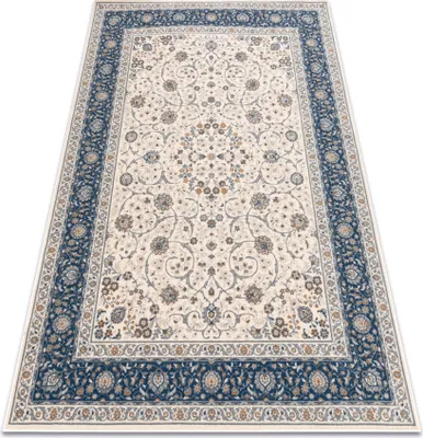 A Persian rug with intricate patterns and a blue border, displayed on a white background.