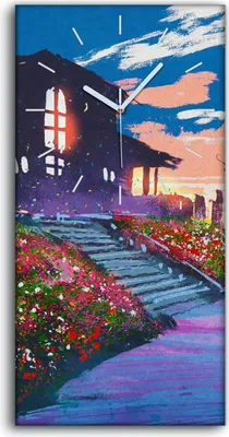 Produktbild von Dekor Leinwand Uhr Wandbilder 30x60 Gemälde Blumen Haus Himmel Wolken Bunt - weiße Hände