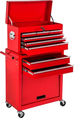 A red metal tool chest with multiple drawers and a top lid, shown on wheels.