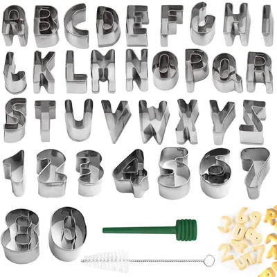 Produktbild von 35-teiliges Set Buchstabenformen für Kekse aus Edelstahl, mit einer Kombination aus Buchstaben und Zahlen. Wiederverwendbar für Kekse, Fondant und Tortendekorationen.