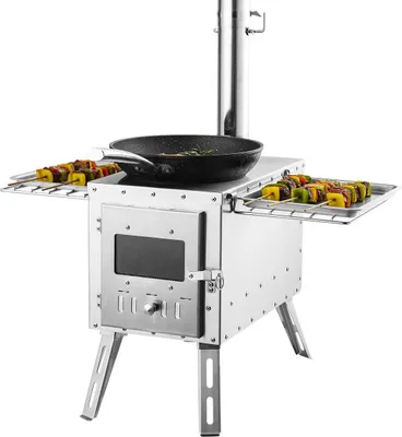 Obrázok produktu pre Drevená pec, 86 palcov, nerezová kempingová pec, prenosná pec na drevo s komínovými rúrkami a rukavicami, 3000in³Firebox Hot Tent Stove na varenie a kúrenie vonku s 8 rúrkami