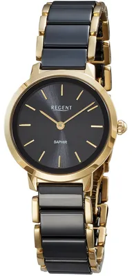 Produktbild von Regent Damenuhr F-1628 Edelstahl, Gold plattiert, Keramik, Schwarz