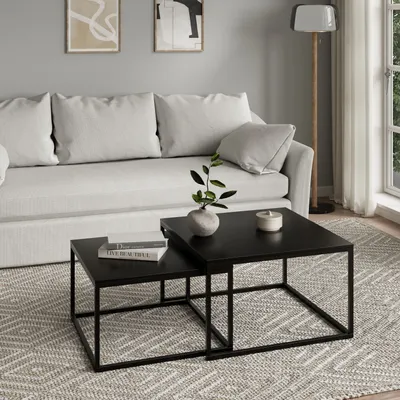 Produktbild von Couchtisch 2er Set schwarz 42cm und 36cm hoch, Beistelltisch Loft Design, 2 in 1 Verschachtelung, kratzfeste Oberfläche, Wohnzimmer