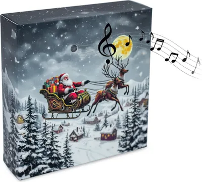 A Christmas-themed soundbox with Santa Claus in a sleigh pulled by reindeer, set against a snowy village and night sky. Musical notes are depicted emanating from the box.