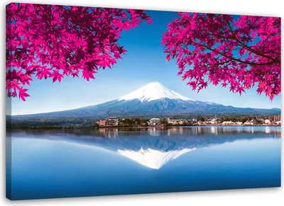 Produktbild von Leinwandbild berg fuji see und rosa blätter 120x80 cm Feeby blau wandbild bereit zum aufhängen
