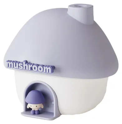 A purple and white mushroom-shaped humidifier with a small mushroom character inside the doorway.