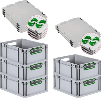 Produktbild von SparSet 5x Eurobox NextGen Color mit Auflagedeckel und Schiebeschnappverschlüsse | HxBxT 17x30x40cm | 16 Liter | Grau | Griffe grün offen | Glatter Boden | Eurobehälter, Transportbox, Transportbehälter, Stapelbehälter