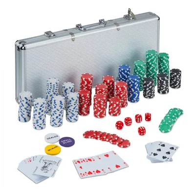 Pokerset 500 Chips, 2 Kartenspiele, 5 Würfel, abschließbar, Aluminium