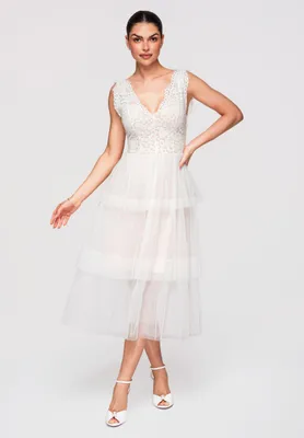 Produktbild von LARICA Cocktailkleid Midi V-Ausschnitt Spitze Tüll Elegant LA-OM-DLR337 white S