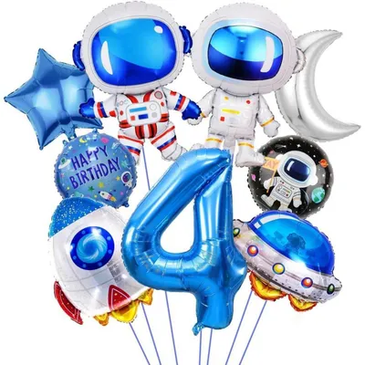 Productafbeelding van Foliënballon set, ruimte thema, verjaardag, 4 jaar, jongen, raket, astronaut, ruimteschip, maan, ster