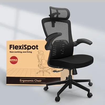 Produktbild von FLEXISPOT Ergonomischer Bürostuhl, 3D-Kopfstütze, verstellbare Rückenlehne, klappbare Armlehnen, Mesh-Sitz, 135° Neigung, 150 kg Belastbarkeit Schwarz