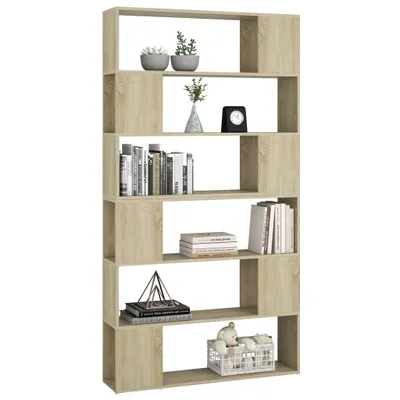 A tall, narrow bookshelf with multiple open shelves, displaying various decorative items and books.