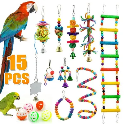 Produktbild von 15 Teile/satz Papagei Spielzeug Kit Perlen Ball Glocke Leichte Acryl Vögel Käfig Schaukel Kauen Spielzeug für Haustier