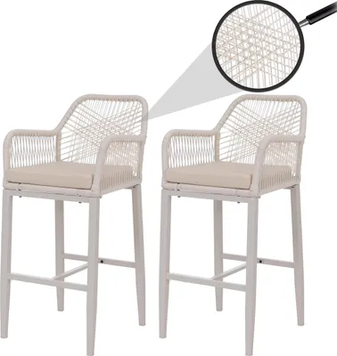 Produktbild von 2er-Set Rope-Barhocker HWC-P91, Barstuhl Tresenhocker, Outdoor Sitzpolster Seilgeflecht Metall creme