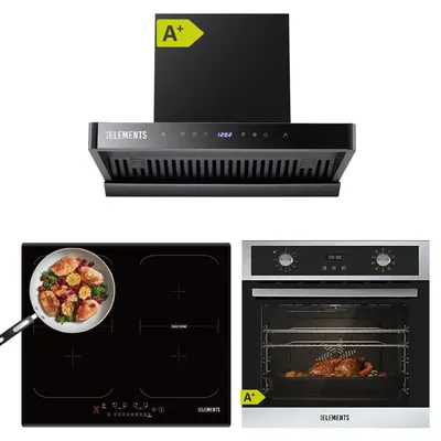 Produktbild von KB ELEMENTS Sparset, Einbauherd Set, Herdset, Induktionskochfeld 60cm 7400 Watt, Dunstabzugshaube 60cm 1350 m³/h, Backofen 60cm 70 Liter, EEK A+