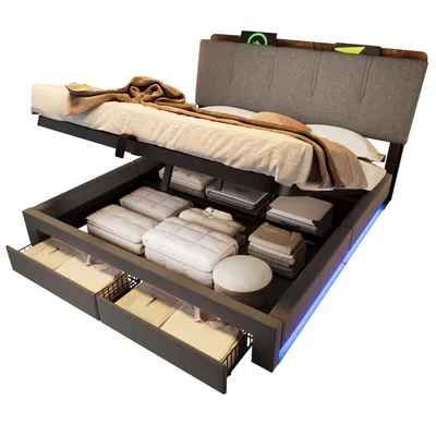Produktbild von Polsterbett mit LED-Streifen, Schubladen, Lattenrost, Aufbewahrung, USB, Type-C, Regal, 140x200 cm, gepolsterter Kopfteil, Stauraumbett, Leinen