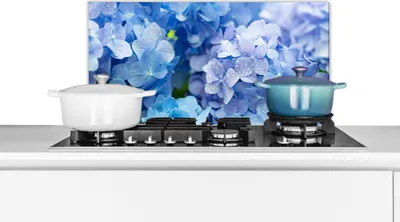 Obrázok produktu pre KitchenYeah® Splashback - kuchynský splashback - ochrana steny sporáka a drezu - hortenzie - kvapky vody - kvetinový - botanický - modrý 70x30 - Alu-Dibond (alternatíva skleneného splashbacku) - H