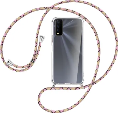 Produktbild von Handykette Backcover-Schutzhülle mit Band (Metall silberfarben) für vivo Y20s / Y11s - rosa Karo